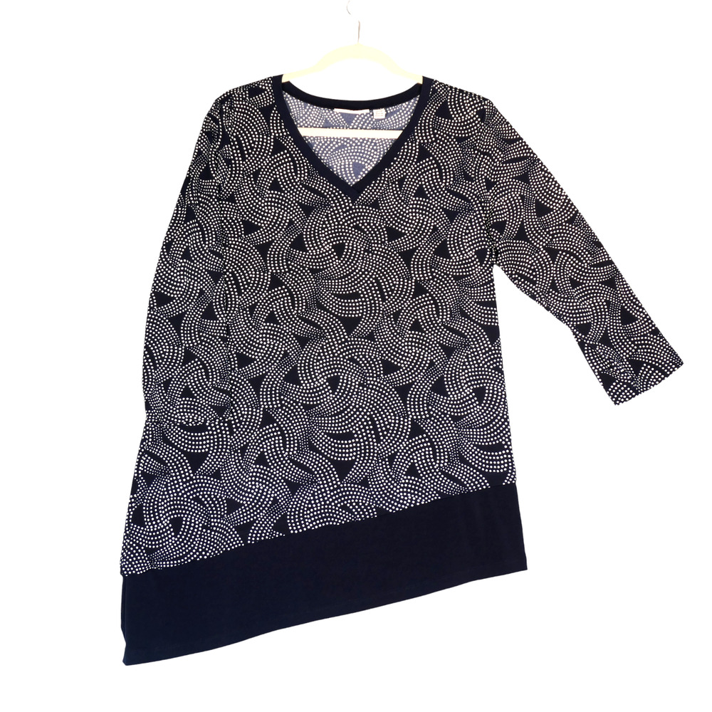Susan Graver Tunic Blouse Knit Top Womens L Blue Spotted Asymmetrical Hem